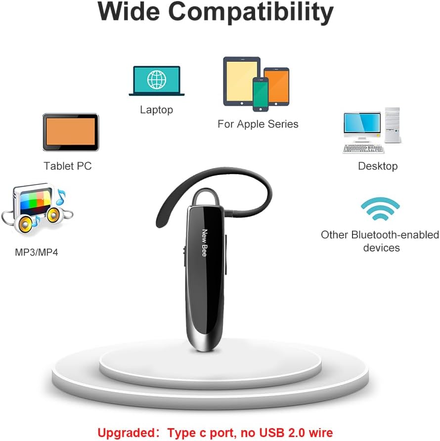 Bluetooth Headset New Bee 24Hrs V5.0 Bluetooth Earpiece Wireless Handsfree Driving Headset with Noise Canceling Mic Headset Case for iPhone Samsung Android Mobile Cell Phone Tablets Office