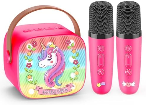 Mini Karaoke Machine for Kids, Exssary 3 4 5 6 7 8-12 Year Old Girl Gifts Portable Bluetooth Speaker with 2 Wireless Microphone Unicorn Toys Birthday Gifts for Girls Kids Teens (Pink)