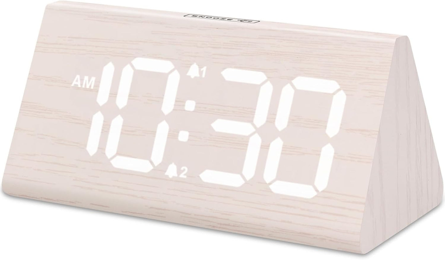 Odokee Wooden Digital Alarm Clock for Bedroom: Electric Desk Clock with Large LED Display - Brown