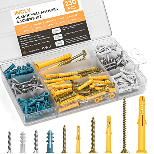 INCLY 230 PCS Drywall Anchors and Screws Assortment Kit,115 Plastic Self Drilling Wall Anchors for Drywall and 115 Flat Head Screw,5 Sizes Heavy Duty Galvanized Screw and Wall Plug Bolts with Box