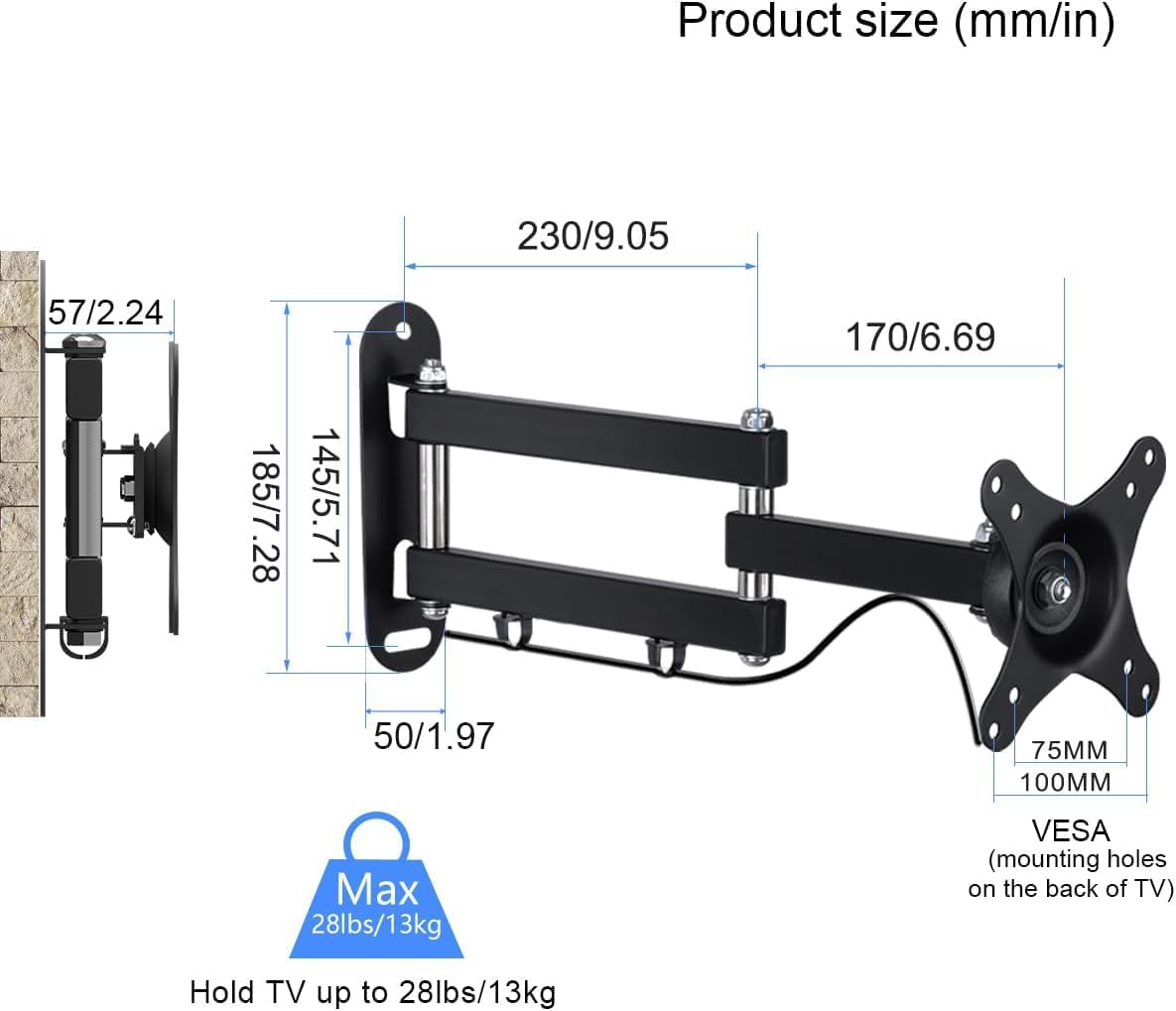 Suptek Full Motion Adjustable TV Wall Mount Rotation, Swivel and Tilt TV Arm Bracket for Most 15-32 inch LED, LCD Monitor and Plasma TVs VESA 75,100,Black (MA2720)