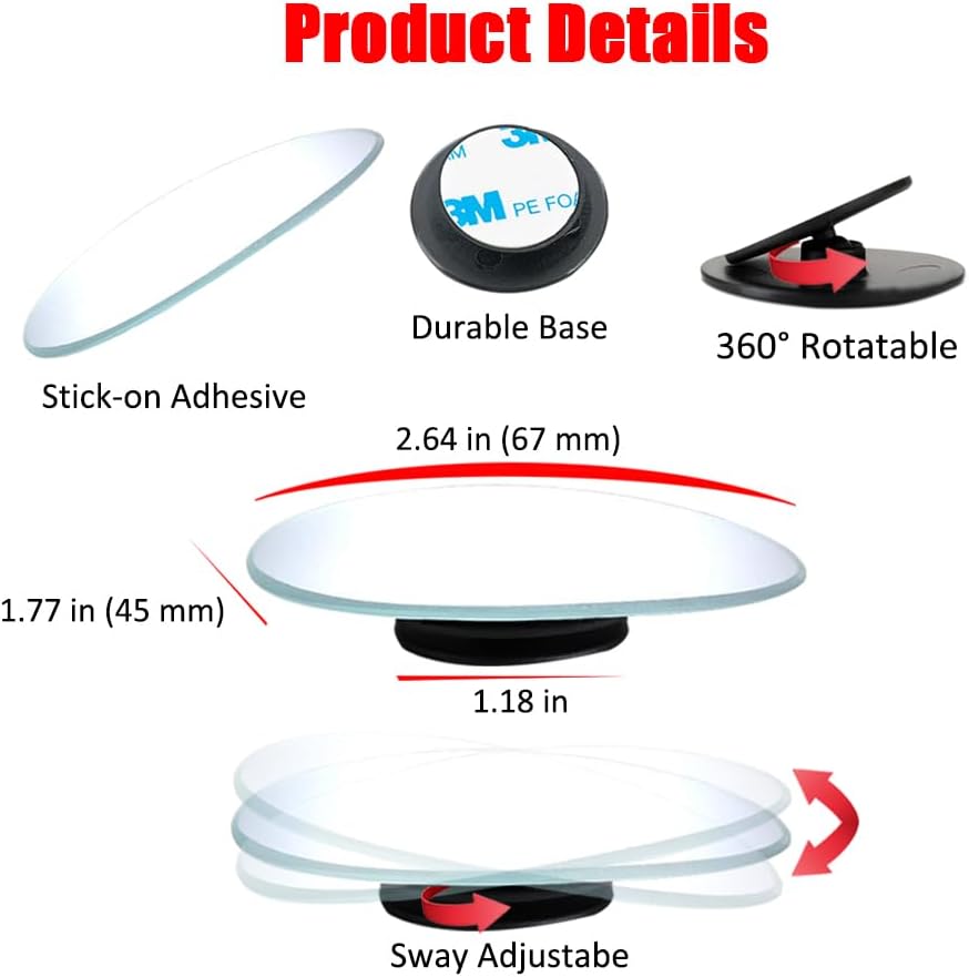 Ampper Blind Spot Mirror, 2" Round HD Glass Frameless Convex Rear View Mirror, Pack of 2 - PuriLite