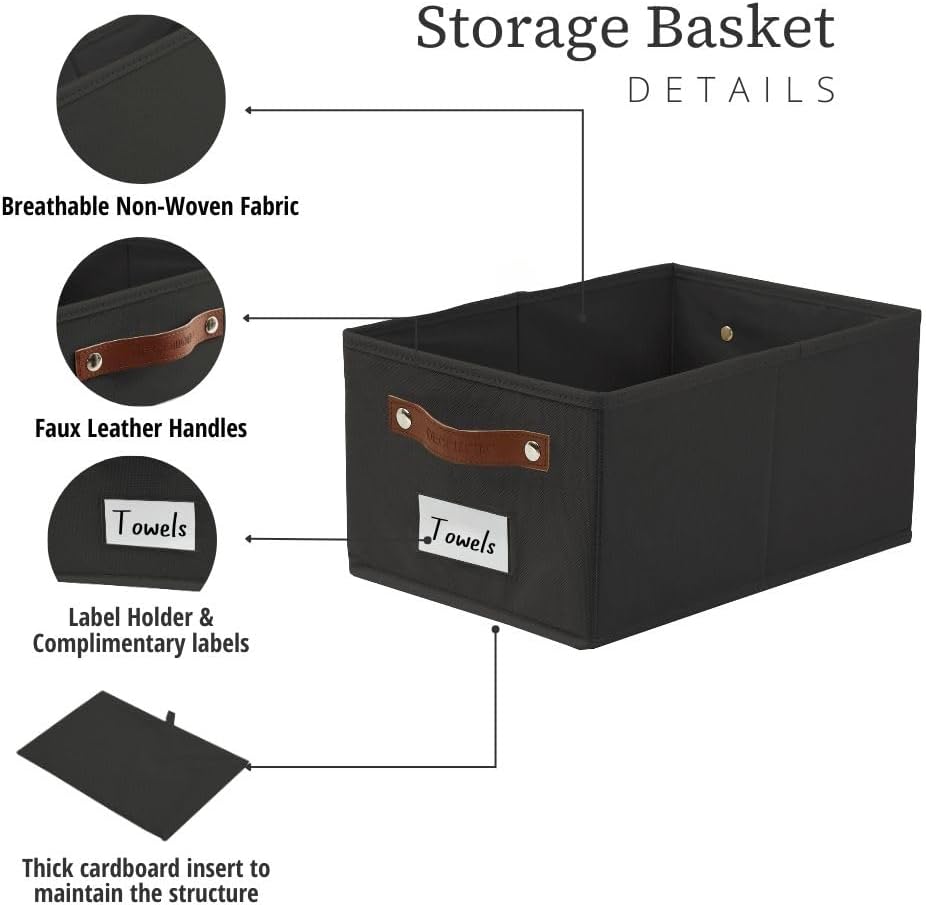 DECOMOMO Cube Storage Bin, Storage Cubes with Labels, Baskets for Shelves Kallax Linen Closet Organizers (Cube 10.5x11"/ 6pcs, Black)