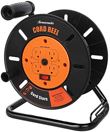 DEWENWILS Extension Cord Storage Reel with 4-Grounded Outlets, Heavy Duty Open Cord Reel for 12/3,14/3,16/3 Gauge Power Cord, Hand Wind Retractable, 10A Circuit Breaker, Rocker Power Switch