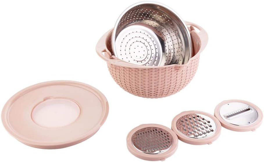 4 in 1 Colander with Bowl Set, Double Layer Fruit Cleaner, Salad Spinner, Rotatable Strainers, for Draining Cooked Pasta, Noodles,Vegetables, Fruits and Rice (Beige)
