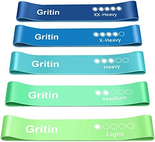 Gritin Resistance Bands, Set of 5 Skin-Friendly Resistance Fitness Exercise Loop Bands with 5 Different Strength Levels - Travel Carrying Case Included - Ideal for Home, Gym, Yoga, Training