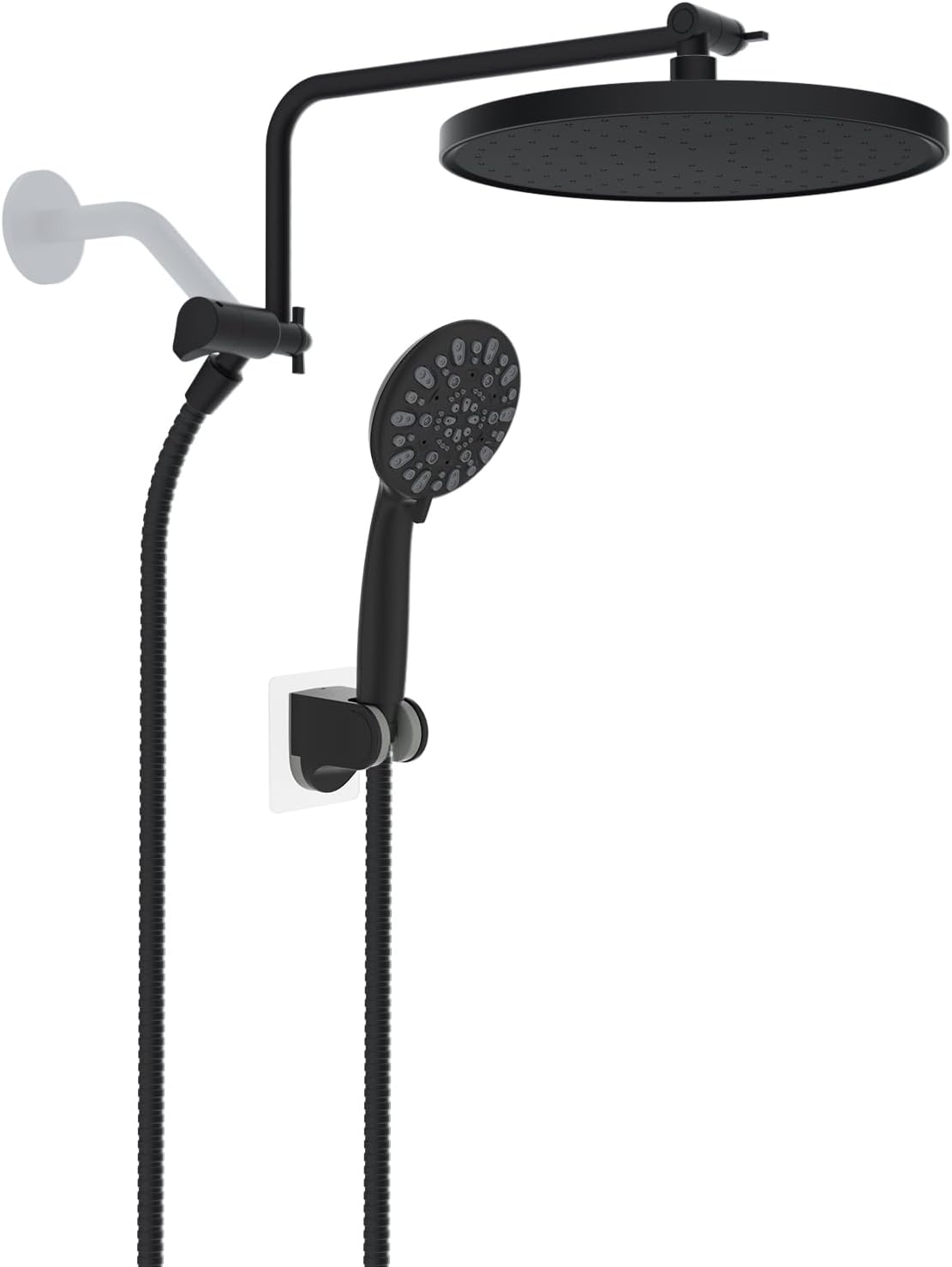 Metal Thickness Shower Head, 10'' High Pressure Rainfall Shower Head/Handheld Showerhead Combo with 12'' Adjustable Shower Extension Arm, 7-Spray, 71'' Hose, Showerhead Holder, Matte Black