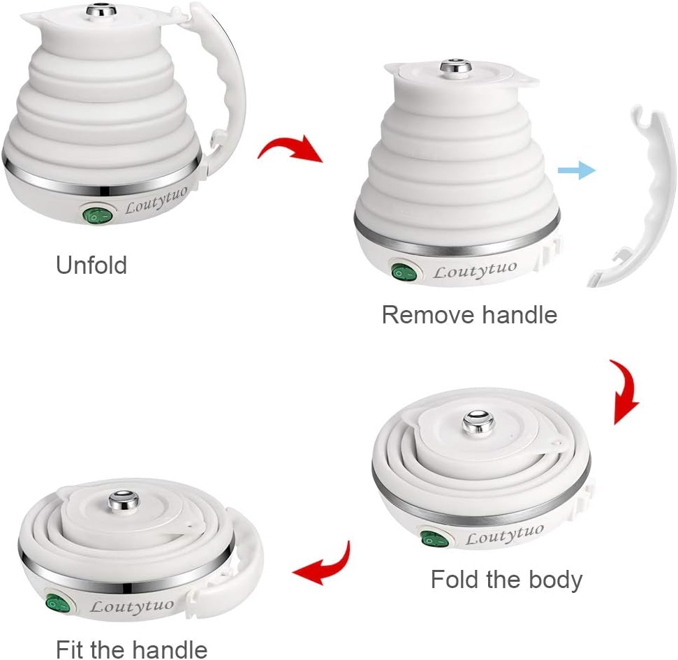 120V 555ML Ultrathin Travel Foldable Electric Kettle with Separable Power Cord and Handle, Boil Dry Protection, Food Grade Silicone