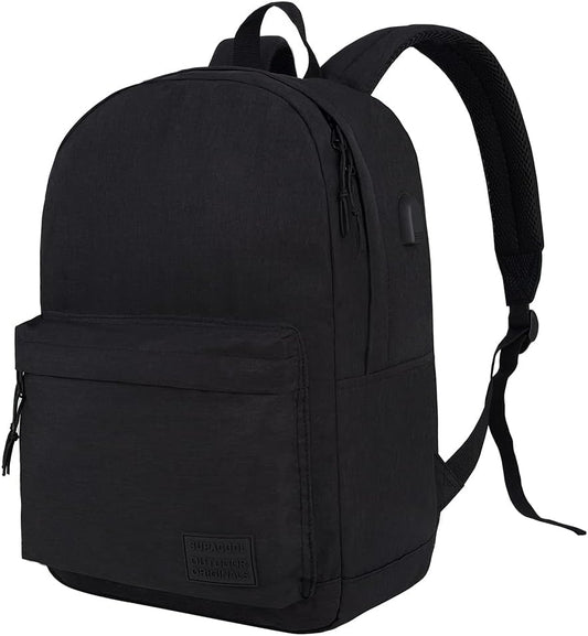 SUPACOOL Casual Laptop Backpack with USB Charging Port for Men and Women, School Bookbag for College, Lightweight Pack Back(Dark Black) - PuriLite