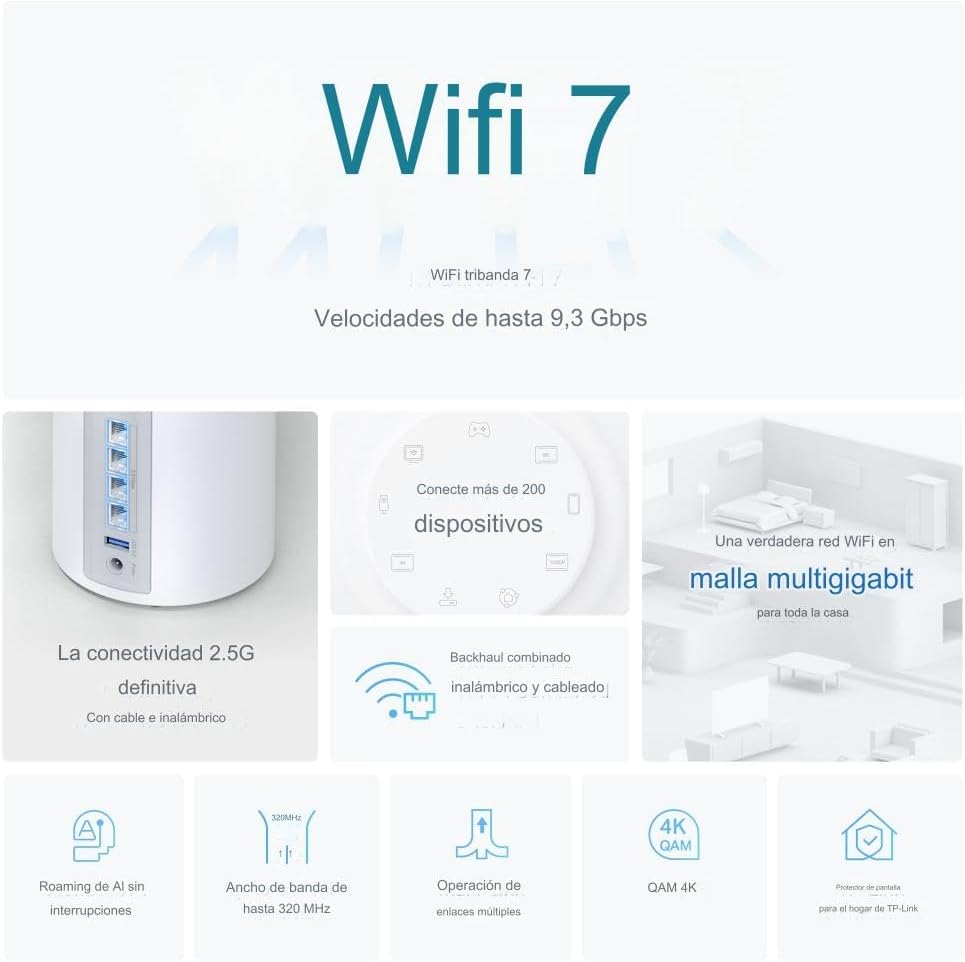TP-Link Deco BE11000 Tri-Band WiFi 7 Mesh (Deco BE65 Pro) - 11 Gbps, 6 GHz/5 GHz/2.4 GHz Bands, 5 Gbps Ports, MLO, 320 MHz Channels, HomeShield, Universal Compatibility - 2-Pack