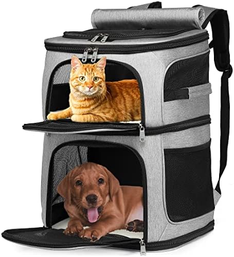 Pet Backpack Carrier Double-Compartment, Portable Pet Cat Carrier Travel for 2 Small Cats or Dogs, Breathable Large Size Cat Carrier Backpack, Perfect for Travel/Hiking/Camping/Walking Outdoor, Grey