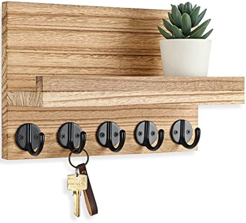 Lwenki Key Holder for Wall, Decorative Key and Mail Holder with Shelf Has Large Key Hooks for Bags, Coats, Umbrella – Paulownia Wood Key Hanger with Mounting Hardware (Black)