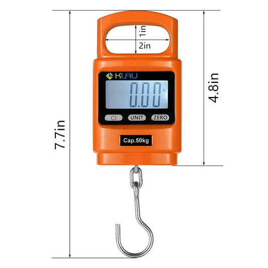 Klau Portable Fish Weighing Scales 100 lb / 1600 oz Heavy Duty Digital Hanging Scale LCD Display with Backlight Orange for Home Farm Hunting Outdoor - PuriLite