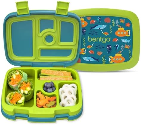 Bentgo Kids Prints Leak-Proof, 5-Compartment Bento-Style Kids Lunch Box - Ideal Portion Sizes for Ages 3-7, Durable, Drop-Proof, Dishwasher Safe, & Made with BPA-Free Materials (Green Rainbow)