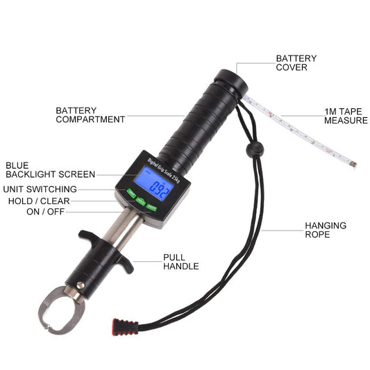 Fish Lip Grip with LED Display Multi-Function Digital Fish Grip Scale 25 Kg 55LB Electronic Control Grabber - PuriLite