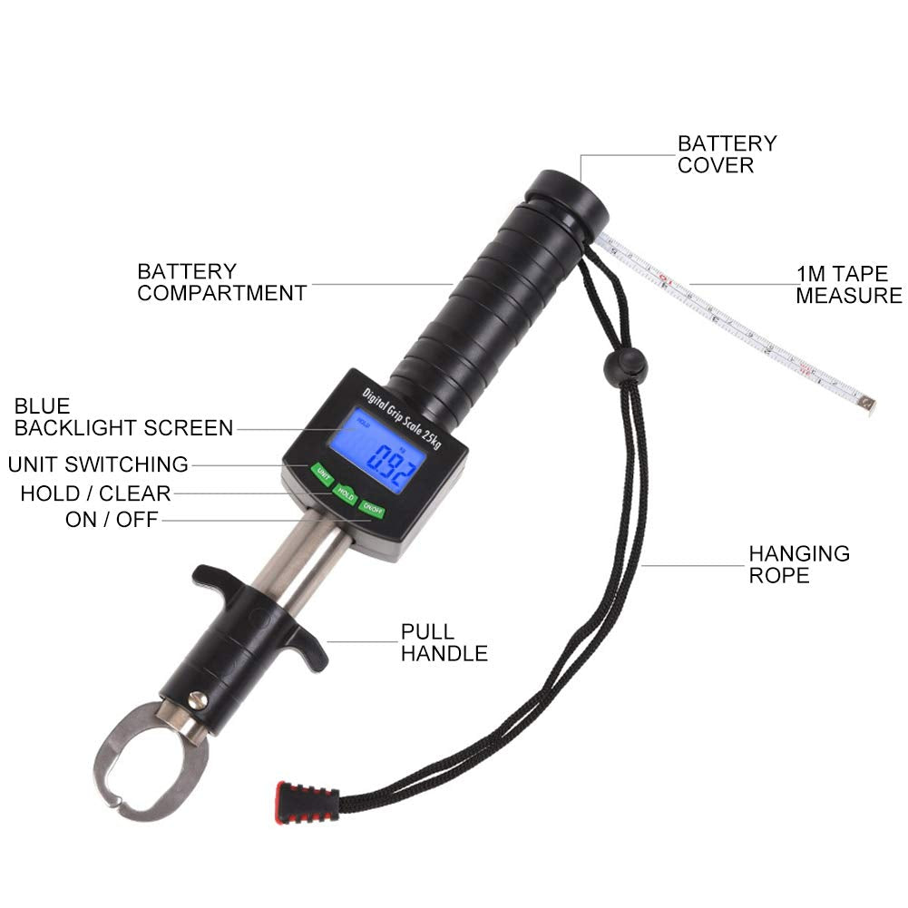 3 in 1 Digital Fish Grip Scale 25Kg/55Lb Fish Lip Gripper Grabber with 1M Tape Measure, Fish Holder Scale, Digital Fish Scale with Tape 50 Black