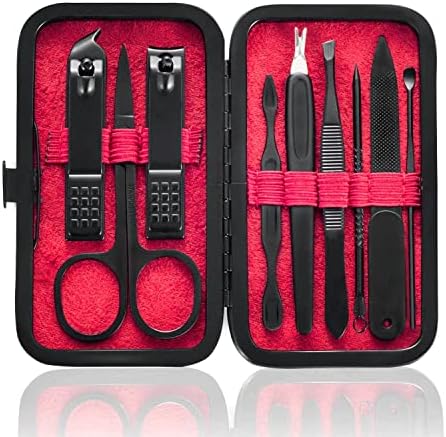 Manicure Set 9 in 1 Stainless Steel, Nail Clippers Scissors Pedicure Tools Kit - Portable Travel Grooming Kit for Men and Women with Black/Red Leather Case (Blue)
