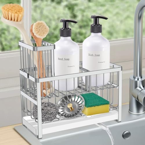 Sinnsally Kitchen Sponge Holder,2 Tier Sink Caddy Organizer with High Brush Holder,Stainless Steel Sink Box Dish Scrubber Holder,Soap Tray for Kitchen Counter Accessories & Storage Rack (Black)