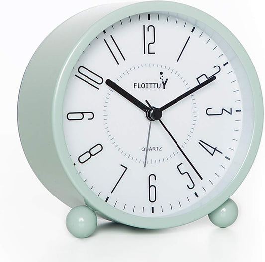 FLOITTUY Super Silent 5 Colors Alarm Clock,Beep Wake Round Alarm Clock with Night Light,Battery Operated,Easy Set,Simple & Retro for Desk, Bedroom and Home Decoration(Green)