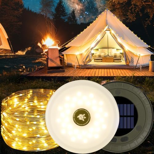 RISEMART Camping String Lights Retractable 33FT, Camping Lights with Solar Charging Waterproof Rollable String Lights Outdoor with 5 Lighting Modes for Tent Hiking Yard Party Festival Decoration