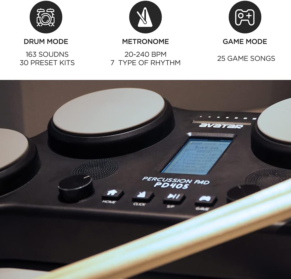 PD405 Tabletop Electric Drum Set with 70 Electronic and Acoustic Drum Kit Sounds, Built-in Speaker, 4 Pads, 2 Pedals and Drum Sticks, Ideal Gift for Teens and Adult Beginners