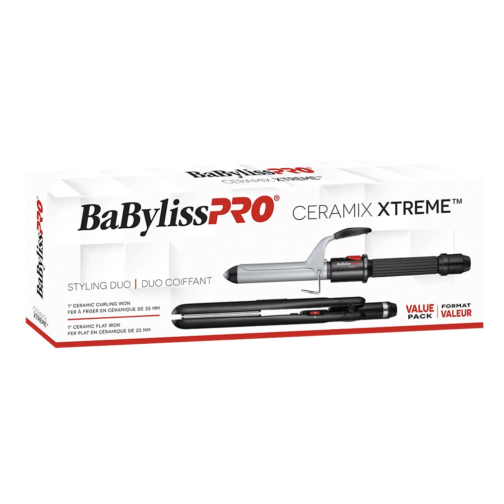 BaBylissPRO Ceramic Styling Duo, 1 inch Ceramic Flat Iron, and 1 inch Ceramic Curling Iron, Dual Voltage, Heats Up To 450 Degress Fahrenheit