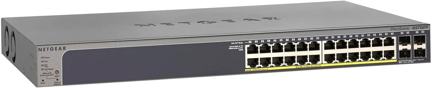 NETGEAR 26-Port PoE Gigabit Ethernet Smart Switch (GS724TP) - Managed, 24 x 1G, 24 x PoE+ @ 190W, 2 x 1G SFP, Optional Insight Cloud Management, Desktop or Rackmount, and Limited Lifetime Protection
