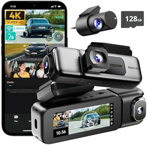 BOTSLAB 3 Channel 4K Dashcam with 128GB Card, Voice Control, 3.18" Touch Screen, 4K Front and 1080P Rear Inside Loop Recording, Triple Car Camera with IR Night Vision, WDR, Parking Mode
