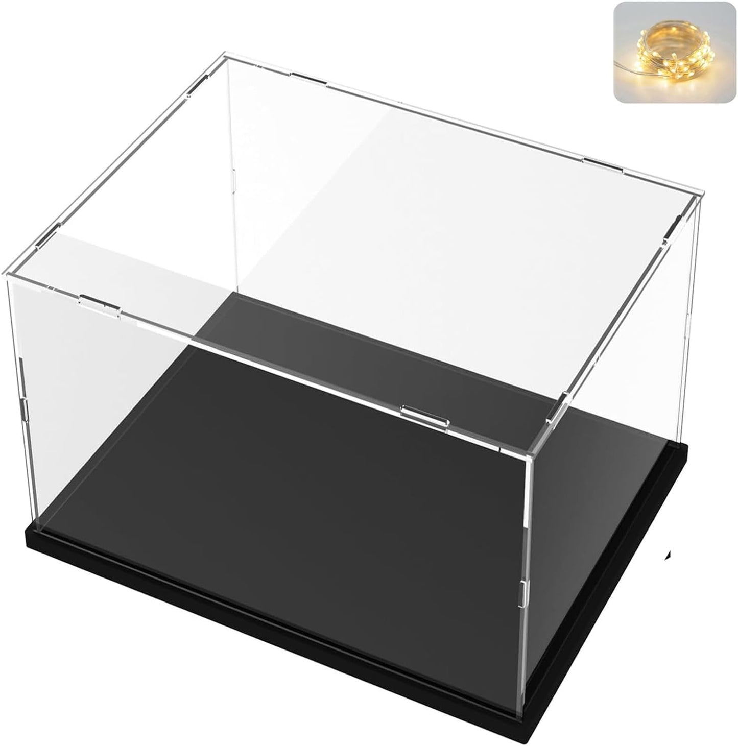 Thickened Clear Acrylic Display Case for Lego 10330 43268 76450 42170 10295 10353 Collectibles, Transparent Box Dustproof Protection with Wood-Plastic Base & String Light, Black Inside 40x20x20cm