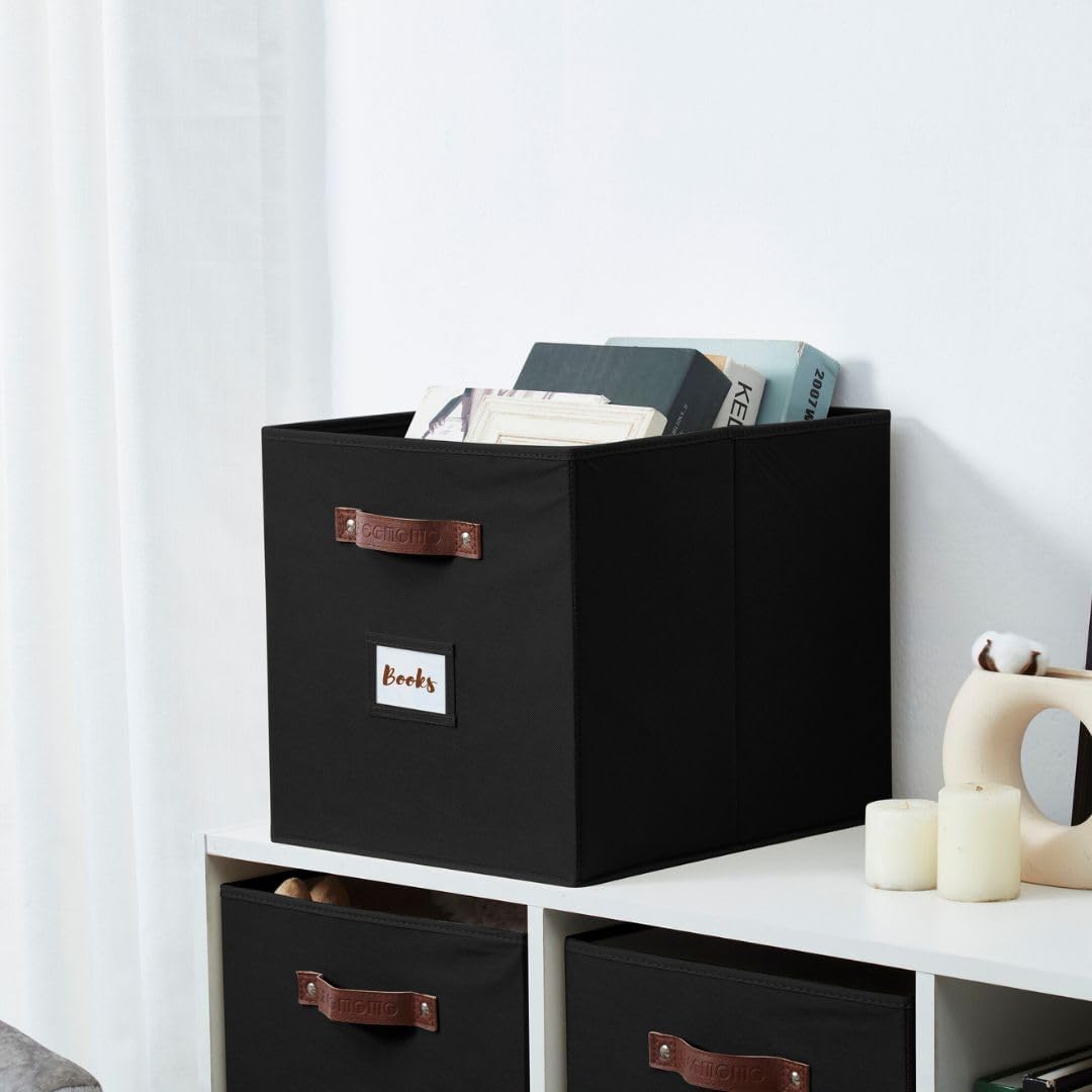 DECOMOMO Cube Storage Bin, Storage Cubes with Labels, Baskets for Shelves Kallax Linen Closet Organizers (Cube 10.5x11"/ 6pcs, Black)