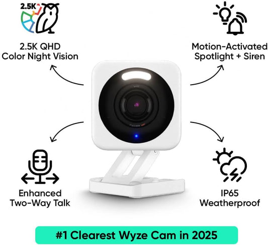 WYZE Cam v4, 2.5K HD WiFi Smart Home Security Camera, Indoor/Outdoor, Pet/Baby Monitor, Motion Activated Spotlight/Siren, Color Night Vision, 2-Way Audio, Works with Alexa & Google, Wired, White - PuriLite
