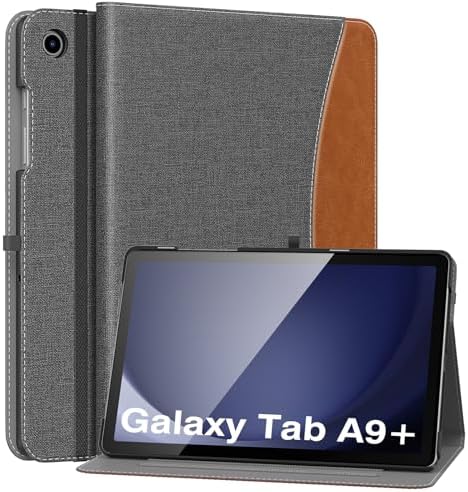 MoKo Case for Samsung Galaxy Tab A9 Plus 11" 2023 (SM-X210/SM-X216/SM-X218), PU Leather Multi-Angle Viewing Folding Stand Cover Case with Hand Strap, Front Pocket, Auto Wake/Sleep, Denim Blue & Brown