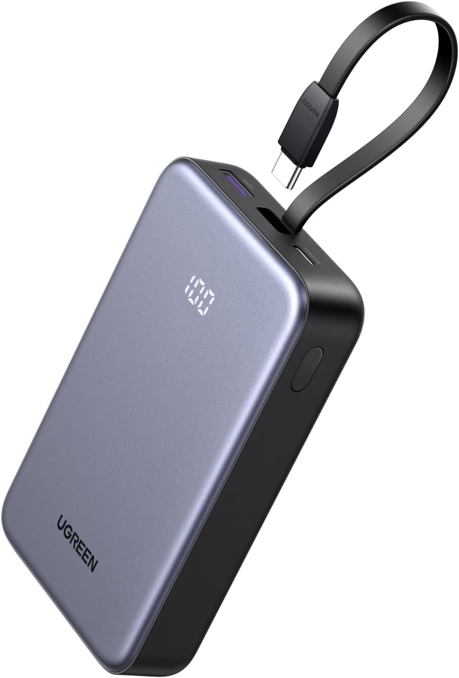 UGREEN 20000mAh 22.5W Power Bank with Built in Cable, USB Type C Portable Charger Battery Pack 3 Output with LED Display Compatible with iPhone 16 15 Pro Max, Galaxy S24 S23, Pixel 8 Pro Series