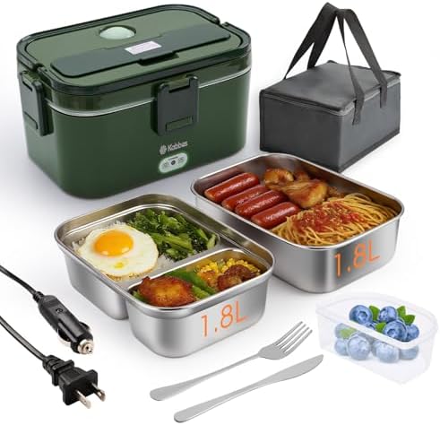 Kabbas 1.8L Portable Electric Lunch Box for Adults, 100W Heated Lunch Box for Men with Removable Dual Container, Fast Heating Food Warmer, 12V/24V/110V for Car Truck Office lonchera eléctrica portátil