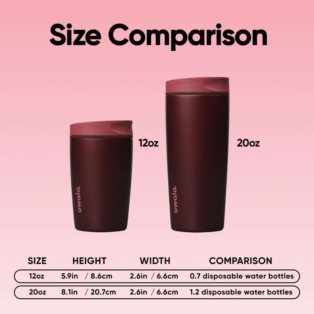 Owala SmoothSip Slider Insulated Stainless Steel Coffee Tumbler, Reusable Iced Coffee Cup, Hot Coffee Travel Mug, BPA Free 12 oz, Black Cherry