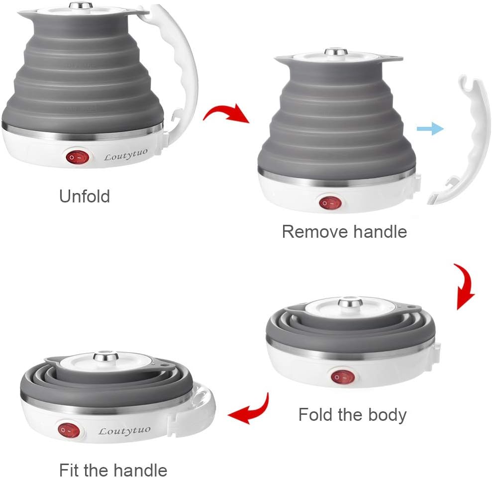 120V 555ML Ultrathin Travel Foldable Electric Kettle with Separable Power Cord and Handle, Boil Dry Protection, Food Grade Silicone