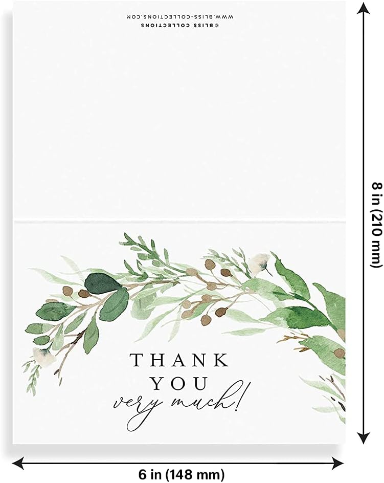 Bliss Collections Thank You Cards - Cards for Weddings, Receptions, Bridal Showers, Baby Showers, Graduations, Special (Rustic Greenery - 25 pieces)
