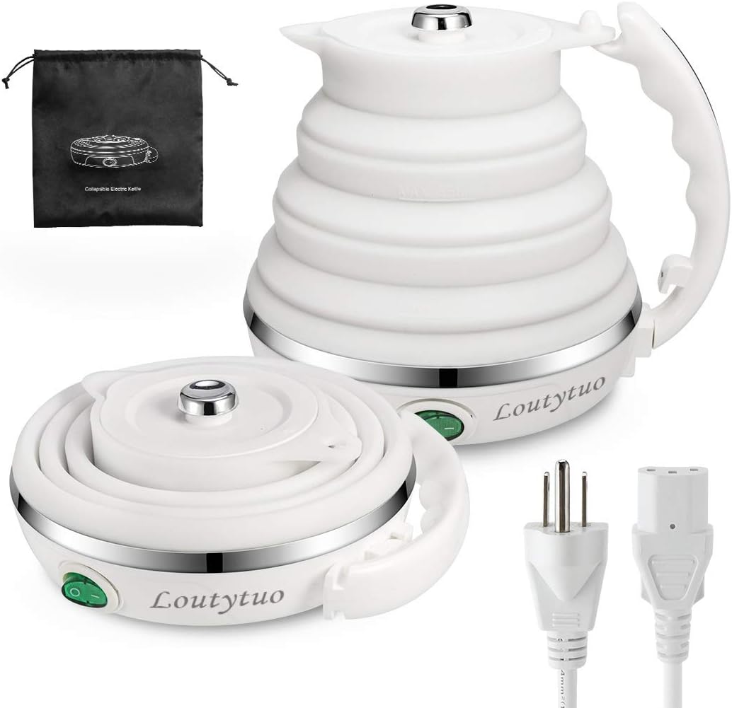 120V 555ML Ultrathin Travel Foldable Electric Kettle with Separable Power Cord and Handle, Boil Dry Protection, Food Grade Silicone
