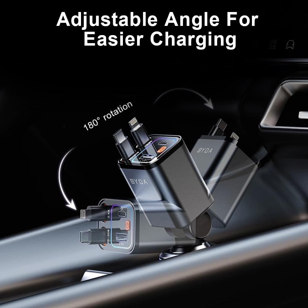4 in 1 Retractable Car Charger,69W Fast Charging USB C for iPhone 16/15/14/13/12,iPad,Android,Galaxy,Pixel,Cigarette Lighter Adapter (Light-ning+USB-C)