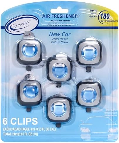Air Jungles New Car Scent Car Air Freshener Clip, 6 Car Freshener Vent Clips, 4ml Each, Long Lasting Air Freshener for Car, Up to 180 Days Car Refresher Odor Eliminator