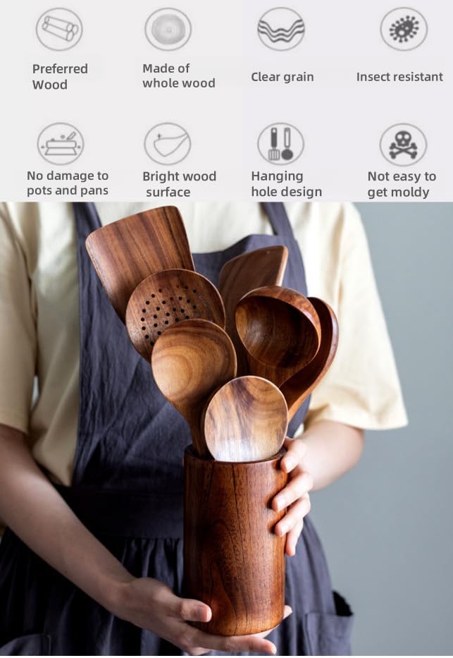 Purilite Select – Natural Teak Wooden Cooking Utensils Set (8-Piece Spoons & Spatulas)