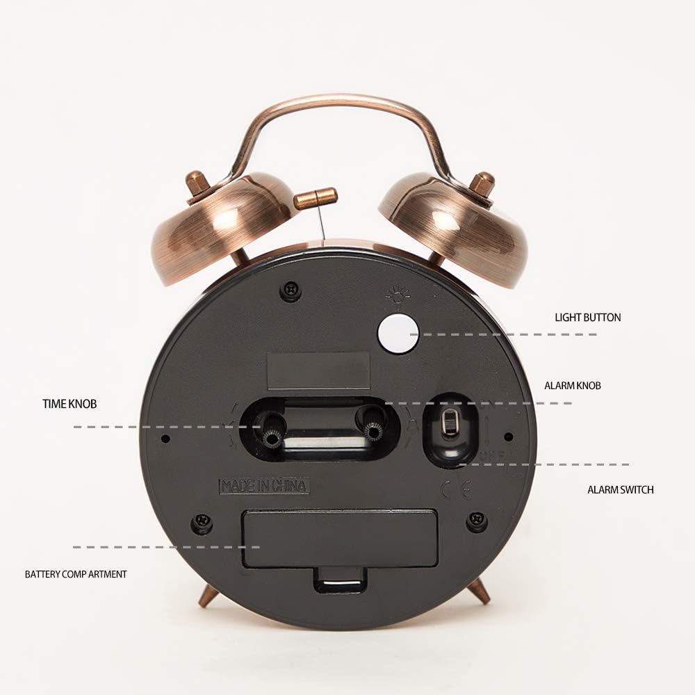 FLOITTUY (Loud Alarm for Deep Sleepers) 4'' Twin Bell Alarm Clock with Backlight for Bedroom and Home Decoration(Black)