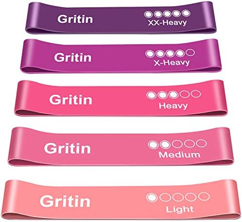 Gritin Resistance Bands, Set of 5 Skin-Friendly Resistance Fitness Exercise Loop Bands with 5 Different Strength Levels - Travel Carrying Case Included - Ideal for Home, Gym, Yoga, Training