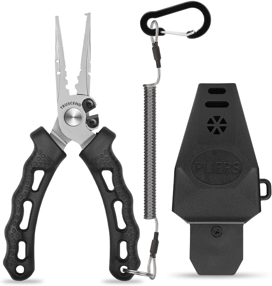 TRUSCEND Lockable Handy Fishing Pliers with Innovative Ergonomic Handle, Saltwater Corrosion Resistant Teflon Coated Fishing Tool, Multi-Function Fishing Gear with Mo-V Cutter, Amazing Fishing Gift