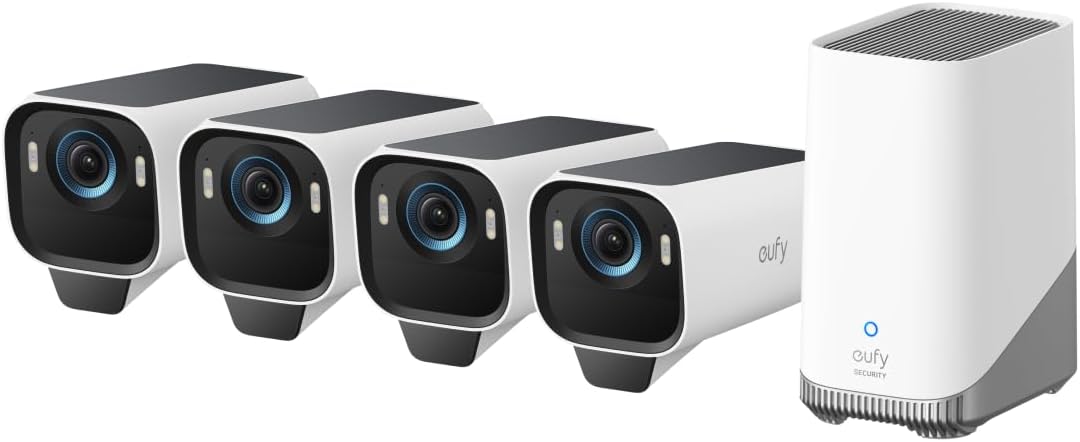 eufy Security eufyCam S3 Pro 4-Cam Kit, Solar Camera Outdoor Wireless, MaxColor Night Vision, 4K Security Camera with Solar Panel, Face Recognition AI, Expandable Local Storage, No Monthly Fee