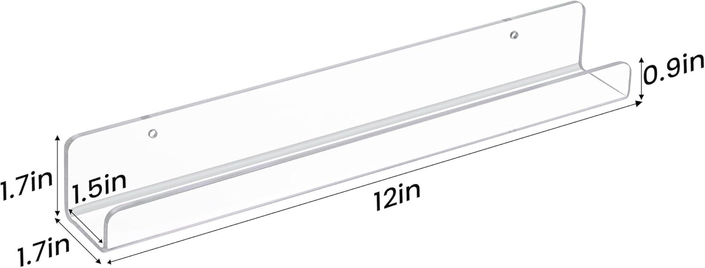 upsimples Clear Acrylic Shelves for Storage, 15" Floating Shelves Wall Mounted for Kids Bookshelf/Display Ledge for Bedroom, Living Room, Bathroom, Kitchen, Set of 4