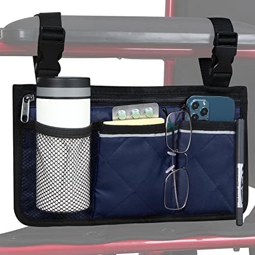 Wheelchair Side Bag, Wheelchair Armrest Storage Pouch with Cup Holder and Reflective Strip for Wheelchairs, Walkers or Rollators (Black)
