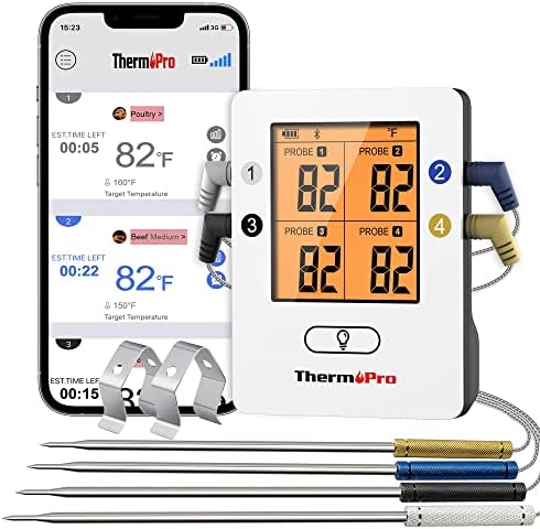 ThermoPro TP25 650FT Wireless Meat Thermometer with 4 Probes, Bluetooth Meat Thermometer for Cooking, BBQ Oven Food Smoker Thermometer Rechargeable