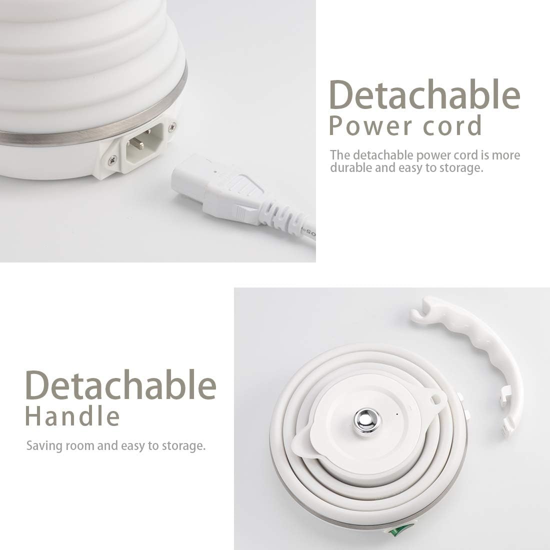 120V 555ML Ultrathin Travel Foldable Electric Kettle with Separable Power Cord and Handle, Boil Dry Protection, Food Grade Silicone
