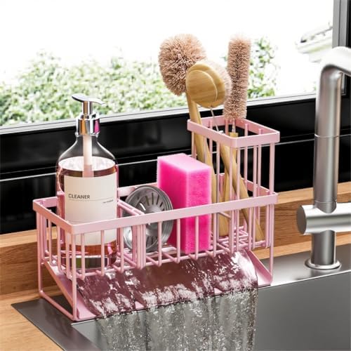 Cisily Kitchen Sink Caddy Organzier with High Brush Holder, Sponge Holder for Sink, 304 Rustproof Stainless, Kitchen Countertop Soap Dispenser Organizer, Kitchen Decor and Accessories (Black)